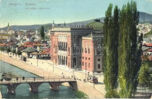 Sarajevo, Rathaus / Gradska vijecnica / town hall, tram, bridge. Simon Kattan Nr. 38. (ázott sarok / wet corner)