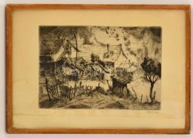 Remsey Jenő (1885-1970): Hátsó udvar. Rézkarc, papír, jelzett, üvegezett fa keretben, 24×29,5 cm Foltos