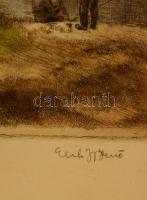 Elekfy Jenő (1895-1968): Horgászok. Színezett rézkarc, papír, jelzett, 22x36 cm üvegezett fa keretbe...