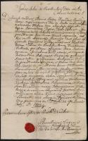 1773 Tápiószele, Kvassay János közjegyző intőlevele sörfőzde és malom felosztása ügyében, latin nyelven, rányomott viaszpecséttel