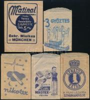cca 1920-1940 10 db Régi cigaretta papírtasak (Matinal, Nikotex (3db), Senator, Altesse, Fővárosi Dohánybolt, Diadal, Modiano, A. M. van Lookeren.), egy szakadt