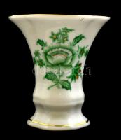 Herendi porcelán zöld virágmintás kis váza, kézzel festett, jelzett, apró kopásnyommal, 6x7 cm.