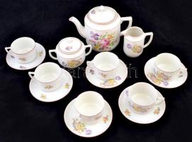Zsolnay virágmintás porcelán teás készlet, jelzett, matricás, kopásnyomokkal