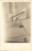 1917 Sérült SMS Novara osztrák-magyar haditengerészeti gyorscirkáló az otrantói csata után, oldalán belövéssel / K.u.K Kriegsmarine, damaged SMS Novara after the Battle of Otranto. photo