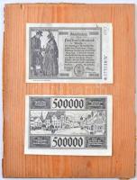 Németország / Weimari Köztársaság / Mindelheim 1923. 500.000M (2x) szükségpénz, sérült fa alapra ragasztva T:III,III- szakadás German / Weimar Republic / Mindelheim 1923. 500.000 Mark (2x) necessity notes, glued to damaged wood frame C:F,VG tear