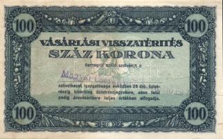 1920-as évek eleje 100K vásárlási visszatérítés lila "Magyar Cserkészek Termelő és Ért." bélyegzővel T:II-