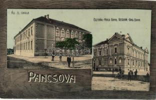 Pancsova, Pancevo; elemi iskola, osztrák-magyar bank, keretes lap, kiadja Kohn Samu / school, bank, frame frame
