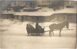 1917 Jassionov (Galícia), század konyhák, parancsnokok lószánon / WWI K.u.K. military, field kitchens and commanders in horse-sleigh. photo (fl)