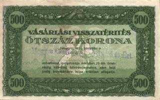1920-as évek eleje 500K vásárlási visszatérítés lila "Magyar Cserkészek Termelő és Ért." bélyegzővel T:II-