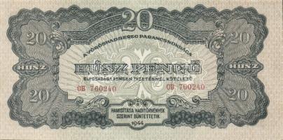 1944. "V.H." 20P (6x) egymásutáni sorszámokkal, benne elő- és hátlapi nyomási elcsúszások T:II+ csak egyszer hajtva