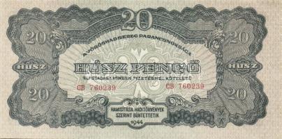 1944. "V.H." 20P (6x) egymásutáni sorszámokkal, benne elő- és hátlapi nyomási elcsúszások ...