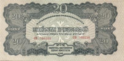 1944. "V.H." 20P (6x) egymásutáni sorszámokkal, benne elő- és hátlapi nyomási elcsúszások ...