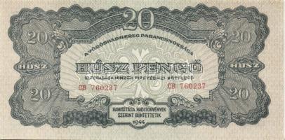 1944. "V.H." 20P (6x) egymásutáni sorszámokkal, benne elő- és hátlapi nyomási elcsúszások ...