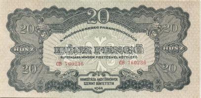 1944. "V.H." 20P (6x) egymásutáni sorszámokkal, benne elő- és hátlapi nyomási elcsúszások ...