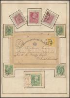 1900 körüli házi albumban okmány- és illetékbélyegek, egyéb kötelezettségjegyek, díjjegyes kivágások...