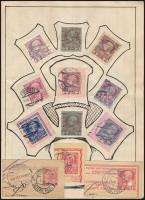 1900 körüli házi albumban okmány- és illetékbélyegek, egyéb kötelezettségjegyek, díjjegyes kivágások...