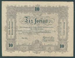 1848. 10Ft "Kossuth bankó" előlapi értékszámok erősen balra és felfelé csúszva, hátlapon "jegyek" "g" betűje hibásan szedve "börtönöz..." szó "ö" betűjén csak egy pont van! T:III+