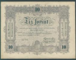 1848. 10Ft "Kossuth bankó" előlapon több "g" betű hiányosan nyomtatva "Sor ÜO."-ban az ÜO nincs egy szintben (feljebb nyomva),  hátlapon "börtönöz..." szó "ö" betűjén csak egy pont van! T:II/III+