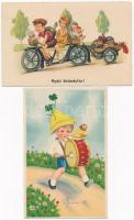 2 db RÉGI gyerek motívumlap,kerékpározók és doboló kisfiú / 2 pre-1945 children motive cards, cycling and drumming children