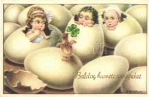 Italian art postcard / Easter greeting card with eggs and girls. N.M.M. 538-1. s: Bertiglia