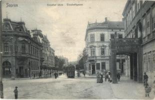 1906 Sopron, Erzsébet utca, villamos, Mayer. Frigyes üzlete (kis szakadás / small tear)