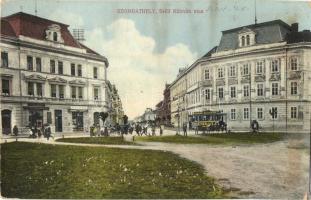 1915 Szombathely, Széll Kálmán utca, villamos Cacao Suchard és Eternit reklámokkal, Pető Ármin és Weiss Gusztáv üzlete (EK)