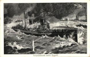 Torpedoboote beim Angriff / German torpedoboat in battle, art postcard, F. E. D. Nr. 491. s: Arthur Thiele (EK)