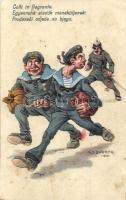 Colti in flagrante / Egyenruha eladók meneküljenek / Austro-Hungarian Navy K.u.K. Kriegsmarine mariner art postcard, humor. C. Fano 1914/1915. s: Ed Dworak (r)