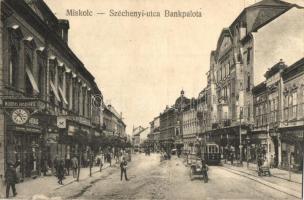 Miskolc, Széchenyi utca, Bankpalota, üzletek, villamos (EB)