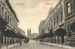 Miskolc, Szemere utca, villamos, Mahr Nővérek üzlete. Fodor Zoltán kiadása (fa)