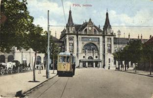 Pécs, Indóház, vasútállomás, villamos. Kiadja Karpf Berta 40. sz. 1914. (EK)