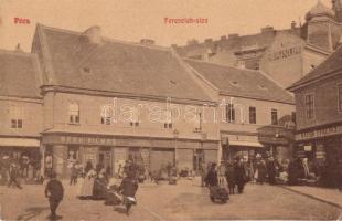1910 Pécs, Ferenciek utca, gyógyszertár, Reeh Vilmos özvegye, Bayer Ferencz, Steiner Antal a Kék Csillaghoz, Günsberger Lajos és dohány tőzsde üzlete, piaci árusok. 668. (EB)