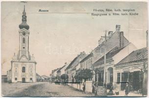 Moson, Fő utca, Római katolikus templom. Stern üzlete. Freitag Frigyes kiadása. leporellolap, belül: Kühne gépgyár, malom, Otthon kávéház, Kápolna tér, Fehér Ló szálloda, Vilmos rév, komp, stb.