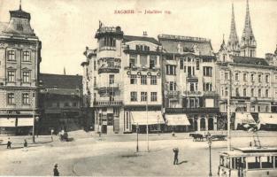 Zágráb, Agram, Zagreb; Jelacicev trg / Jelasics tér, S. Stanic üzlete, bank, Dr. Eugen Rado fogorvos, villamos. W. L. Bp. 7477. / square, shops, dentist, bank, tram (fl)