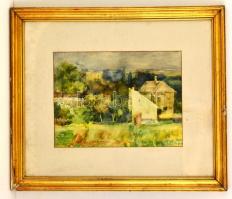 Emőd Aurél (1897-1958): Kilátás a dombról. Akvarell, papír, jelzés nélkül, foltos, üvegezett keretben, 28×38 cm