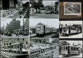 Budapesti villamosok vegyes tétele különféle korokból, 21 db vintage fotó és/vagy mai nagyítás, 9x12 cm és 10x15 cm között