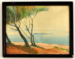 Olvashatatlan jelzéssel: Mediterrán tengerpart, akvarell, papír, üvegezett fa keretben, 22×28,5 cm
