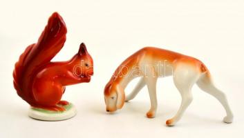 2 db porcelán: Hollóházi mókus, kézzel festett, jelzett, apró kopásokkal, m: 14 cm + Hollóházi kutya, kézzel festett, jelzett, apró kopásokkal, m: 9,5 cm