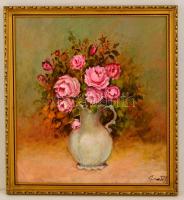 Olvashatatlan jelzéssel: Rózsás csendélet. Olaj, farost, keretben, 48×46 cm