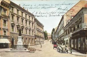 Zagreb, Zágráb; Kaciceva ulica / street view, Bazar Altschul, automobile, shops, statue (EK)