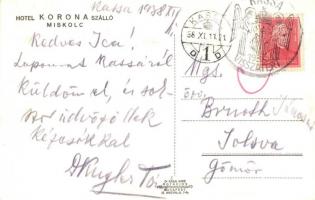 Miskolc, Hotel Korona Szálló, automobilok, "Kassa Visszatért" So. Stpl