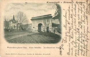1900 Brassó, Kronstadt, Brasov; Árvaház utcai kapu. Julius Müller kiadása / Porta Scheilor / Waisenhausgässer-Thor / gate