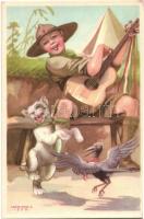 3 db RÉGI magyar Márton L. cserkész motívumlap / 3 pre-1945 Hungarian scout boy motive cards, s: Már...