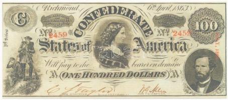 Amerikai Konföderációs Államok / Virginia / Richmond 1863. 100$ replika T:I-,II The Confederate States of Amerika / Virginia / Richmond 1863. 100 Dollars replica C:AU,XF