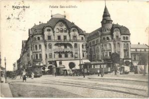 1913 Nagyvárad, Oradea; Fekete Sas szálloda, villamosok, Cziller Imre és Grósz üzlete, / hotel, shops, trams