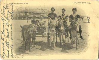 Atlantic City, New Jersey; Jacks with Queens up, ladies riding donkeys on the shore, Clabbys bath in the background. The Spearman Pub Co. (EB)
