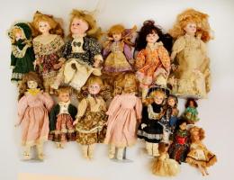 Porcelán fejű és végtagú játékbabák ( 16 db), néhány sérült, különböző méretben, m: 11 cm-32 cm