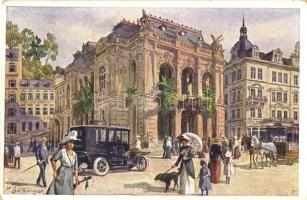 Karlovy Vary, Karlsbad; Stadttheater / theater, horse-drawn tram, automobile, hotel; art postcard. s: H. Sötzinger (EK)