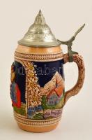 Ón fedeles német kerámia  söröskorsó, kézzel festett, jelzett, kopott, m: 21 cm