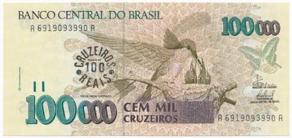 Brazília 1993. 100.000C "100 CRUZEIROS REAIS" felülbélyegzéssel T:I nyomdahiba a bal alsó sarokban Brazil 1993. 100.000 Cruzeiros with "100 CRUZEIROS REAIS" overprint C:UNC printing error on the left lower corner Krause 238